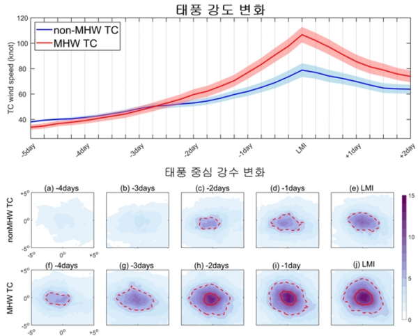 (상) 고수온 해역 지나는 태풍(MHW TC)과 일반 해역 지나는 태풍(non-MHW TC)의 강도 변화, (하) 태풍 중심 주변 강수량 분포 변화